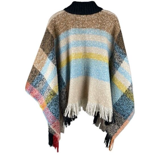Spring Colors Plaid Fringe Trim Poncho - Picture 2 of 9